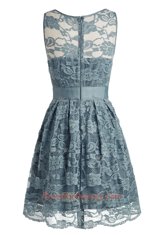 Hot Selling Scoop Lace Knee Length A-line Sleeveless Light Blue Prom Evening Gown Zipper