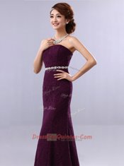 Lace Floor Length Mermaid Sleeveless Red Dress for Prom Zipper