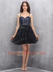 Black A-line Spaghetti Straps Sleeveless Tulle Mini Length Lace Up Sequins Prom Dress