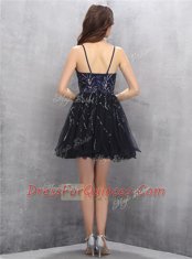 Black A-line Spaghetti Straps Sleeveless Tulle Mini Length Lace Up Sequins Prom Dress