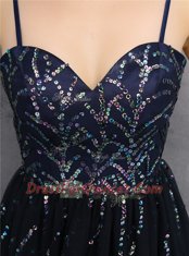 Black A-line Spaghetti Straps Sleeveless Tulle Mini Length Lace Up Sequins Prom Dress