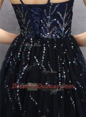 Black A-line Spaghetti Straps Sleeveless Tulle Mini Length Lace Up Sequins Prom Dress