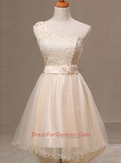 One Shoulder Champagne Sleeveless Knee Length Lace and Pleated and Hand Made Flower Lace Up Homecoming Dress