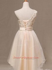 One Shoulder Champagne Sleeveless Knee Length Lace and Pleated and Hand Made Flower Lace Up Homecoming Dress