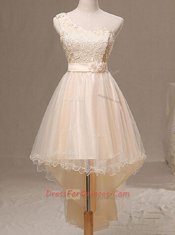 One Shoulder Champagne Sleeveless Knee Length Lace and Pleated and Hand Made Flower Lace Up Homecoming Dress