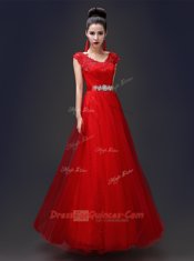 Cute Floor Length Red Prom Dresses Scoop Sleeveless Lace Up