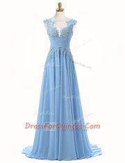 Unique Scoop Light Blue Sleeveless Brush Train Appliques With Train Evening Dress