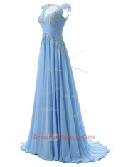 Unique Scoop Light Blue Sleeveless Brush Train Appliques With Train Evening Dress