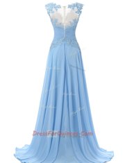 Unique Scoop Light Blue Sleeveless Brush Train Appliques With Train Evening Dress