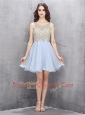 Beauteous Scoop Sequins Light Blue Sleeveless Chiffon Zipper Dress for Prom for Prom and Party
