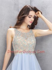 Beauteous Scoop Sequins Light Blue Sleeveless Chiffon Zipper Dress for Prom for Prom and Party