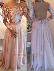 New Arrival Pink Scoop Neckline Beading and Appliques and Sashes ribbons Prom Dresses Long Sleeves Side Zipper