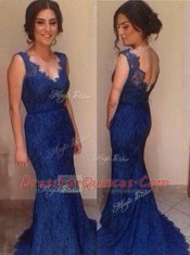 Mermaid V-neck Sleeveless Court Train Backless Prom Evening Gown Royal Blue Lace