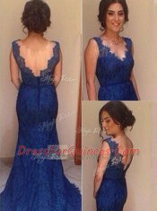 Mermaid V-neck Sleeveless Court Train Backless Prom Evening Gown Royal Blue Lace