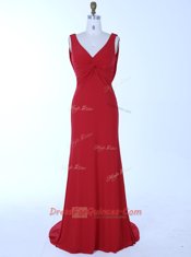 Elegant Mermaid Red Zipper Prom Dress Beading Sleeveless Brush Train