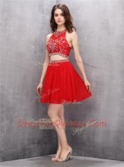 High Quality Red A-line Chiffon Scoop Sleeveless Beading Mini Length Zipper Prom Dresses