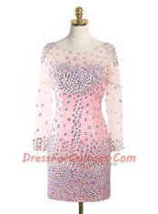 Colorful Pink Prom Gown Prom and Party and For with Beading Scoop Long Sleeves Zipper