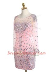 Colorful Pink Prom Gown Prom and Party and For with Beading Scoop Long Sleeves Zipper