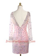 Colorful Pink Prom Gown Prom and Party and For with Beading Scoop Long Sleeves Zipper