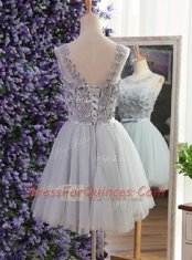 Sophisticated A-line Evening Dress Grey Scoop Tulle Sleeveless Mini Length Lace Up