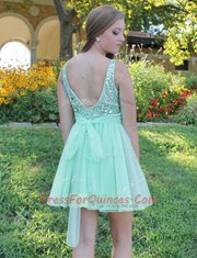 Suitable Apple Green A-line Chiffon Bateau Sleeveless Beading and Bowknot Mini Length Backless