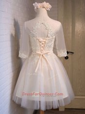 Exceptional Mini Length White Prom Evening Gown Scoop Half Sleeves Lace Up
