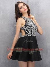 Fashionable Scoop Black Satin Zipper Sleeveless Mini Length Beading