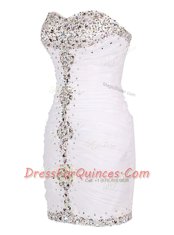 Beading and Ruffles Evening Dress White Zipper Sleeveless Mini Length