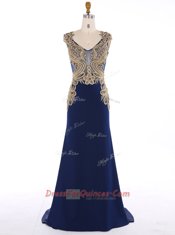Spectacular Mermaid Sleeveless Appliques Zipper Prom Dresses with Navy Blue Sweep Train