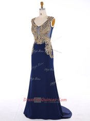 Spectacular Mermaid Sleeveless Appliques Zipper Prom Dresses with Navy Blue Sweep Train