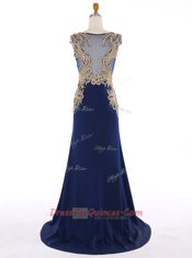 Spectacular Mermaid Sleeveless Appliques Zipper Prom Dresses with Navy Blue Sweep Train