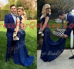 Excellent Mermaid Navy Blue Cap Sleeves Floor Length Lace Backless Dress for Prom