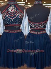Sophisticated Knee Length Zipper Prom Evening Gown Navy Blue for Prom and Party with Embroidery