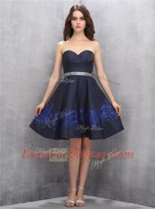 Knee Length Navy Blue Satin Sleeveless Beading and Appliques