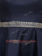 Knee Length Navy Blue Satin Sleeveless Beading and Appliques