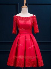 Charming Satin Off The Shoulder Half Sleeves Lace Up Appliques and Pleated Homecoming Dress in Red