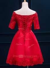 Charming Satin Off The Shoulder Half Sleeves Lace Up Appliques and Pleated Homecoming Dress in Red