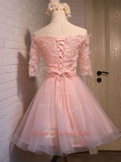 Custom Made Off the Shoulder Peach Short Sleeves Appliques Mini Length Prom Gown