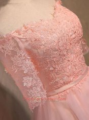 Custom Made Off the Shoulder Peach Short Sleeves Appliques Mini Length Prom Gown