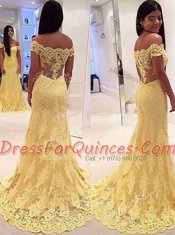 New Style Yellow Mermaid Off The Shoulder Short Sleeves Lace Brush Train Side Zipper Appliques Dress for Prom