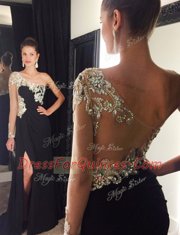 Black Mermaid Chiffon One Shoulder Long Sleeves Beading With Train Side Zipper Prom Dresses Sweep Train