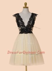 Sequins Knee Length Champagne V-neck Cap Sleeves Zipper