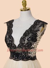 Sequins Knee Length Champagne V-neck Cap Sleeves Zipper