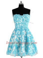 Appliques Evening Dress Blue Zipper Sleeveless Knee Length