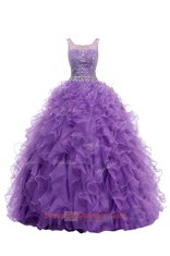 Fancy Purple Organza Zipper Straps Sleeveless With Train Sweep Train Beading and Belt