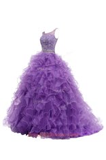 Fancy Purple Organza Zipper Straps Sleeveless With Train Sweep Train Beading and Belt