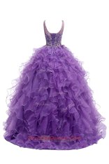 Fancy Purple Organza Zipper Straps Sleeveless With Train Sweep Train Beading and Belt