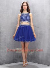 Custom Design A-line Homecoming Dress Royal Blue Scoop Organza Sleeveless Mini Length Side Zipper
