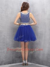 Custom Design A-line Homecoming Dress Royal Blue Scoop Organza Sleeveless Mini Length Side Zipper