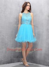 Classical Scoop Baby Blue Organza Zipper Prom Gown Sleeveless Knee Length Beading